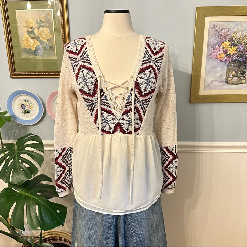 Abercrombie & Fitch Boho Sweater Size Large Cottagecore Festival Retro Fair Isle - Picture 1 of 7
